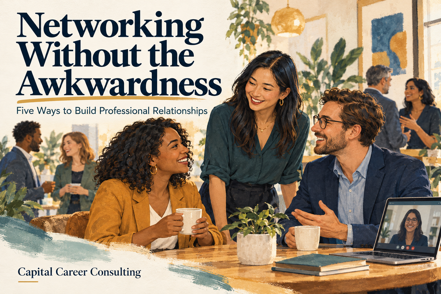 Professionals having relaxed conversations over coffee and by video call, illustrating networking without awkwardness.