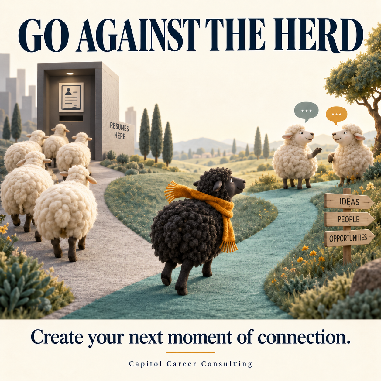A flock heads toward a résumé kiosk while one charcoal sheep walks toward a conversation, illustrating a relationship-focused job search.